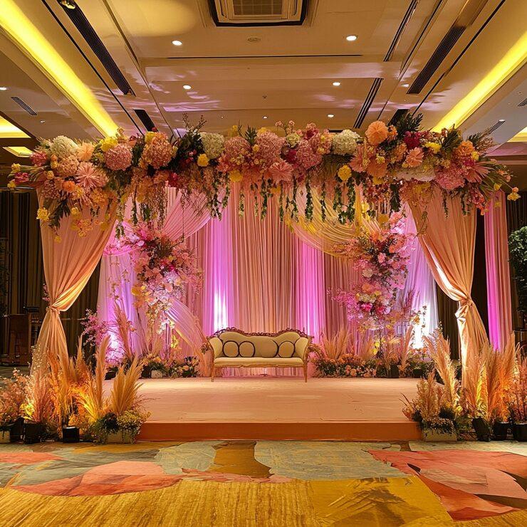 Indoor banquet hall decorated for a wedding at Choice Resort Bhopal
